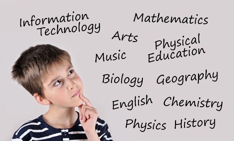 男孩認真考慮各種學校科目:數學、科學、英語、藝術等。