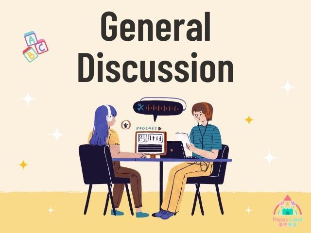 Two people discussing English topics at a table with laptops and headphones. 英文議題討論