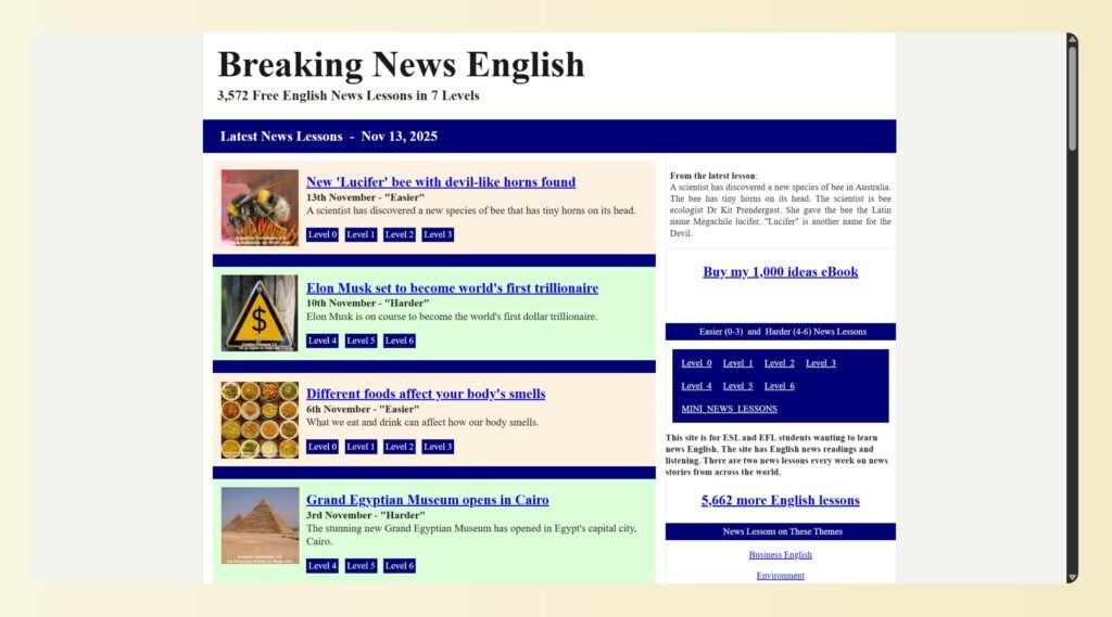 英語新聞課程網站截圖，包含標題「Breaking News English」。