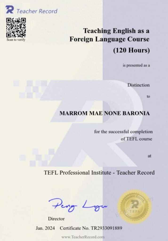 教師記錄中的 Marrom Mae None Baronia TEFL 證書。