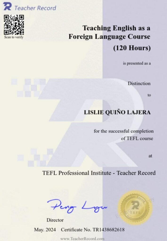 2024 年 5 月,Leslie Quiño Lajera 獲得 TEFL 證書