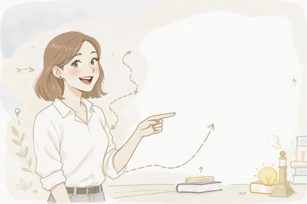 快樂的女人指著書，還有燈泡；新的想法概念。