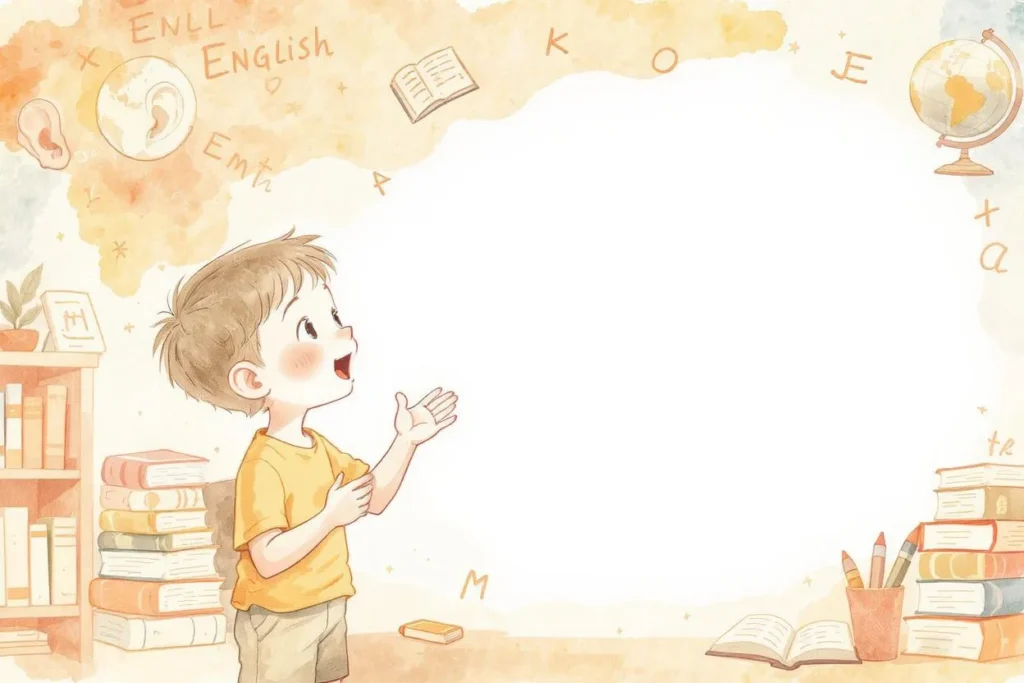 快樂的男孩被書籍和學習材料包圍著，若有所思地抬頭看著。