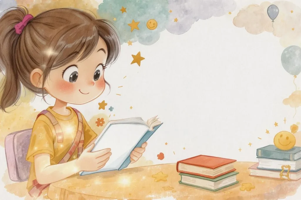 可愛的女孩開心地坐在書桌前看書，周圍是奇妙的雲朵和星星。