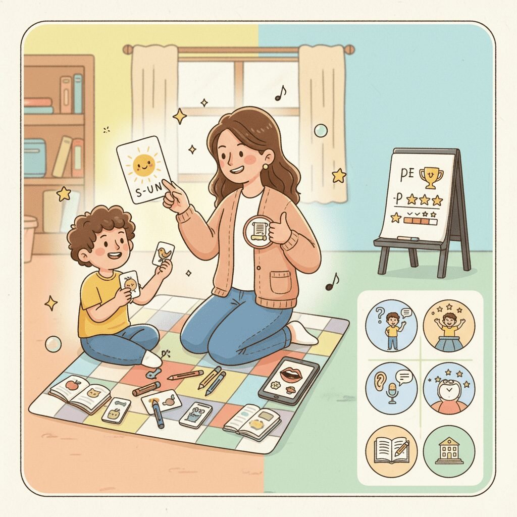 一位老師和一位孩子正在使用抽認卡學習英語。場景描繪了一個家庭學習環境。
