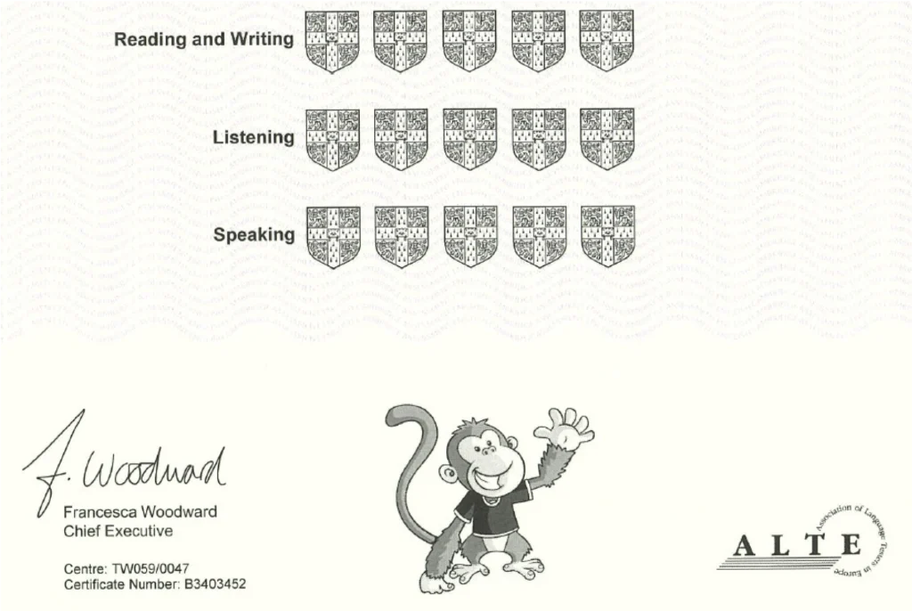 劍橋兒童英語認證成績單，顯示閱讀寫作、聽力與口說的評級。國小英文檢定參考。