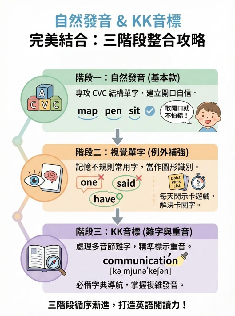自然發音與KK音標學習攻略，分三階段整合：自然發音、視覺單字、KK音標。打造英語閱讀力！