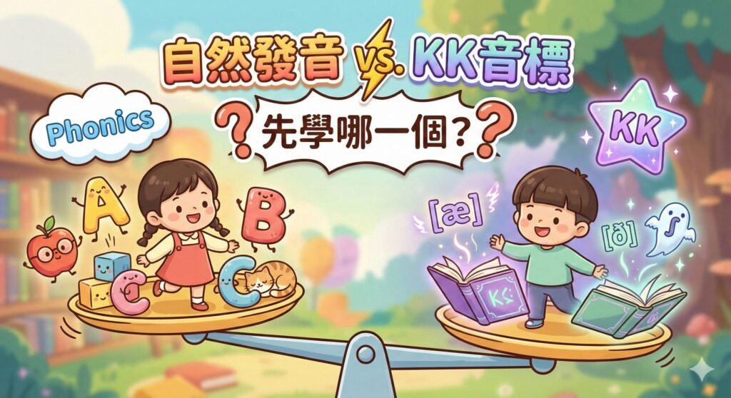 自然發音 vs. KK音標:學英文先學哪一個?可愛插圖呈現兩種學習法,天秤比較。
