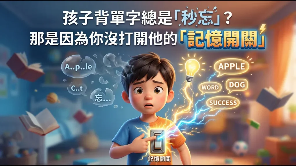 孩子困惑地站在記憶開關前，單字總是秒忘？打開記憶開關！