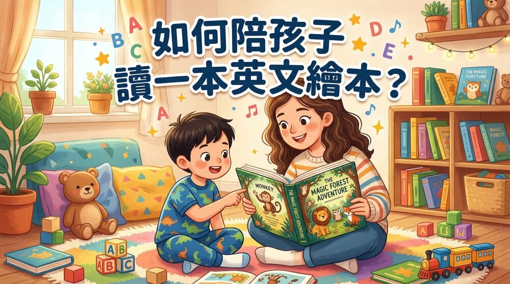 媽媽和孩子一起讀英文繪本《魔法森林冒險》，標題文字「如何陪孩子讀一本英文繪本？」