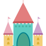 帶有粉紅色、紫色和青色塔樓的卡通城堡