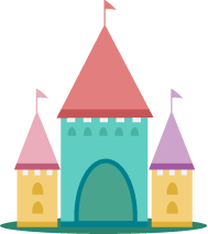 帶有粉紅色、紫色和青色塔樓的卡通城堡