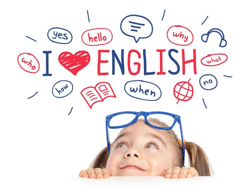 戴著眼鏡的女孩從桌面探出頭來，周圍都是英語，正在學習「我愛英語」之類的單字。