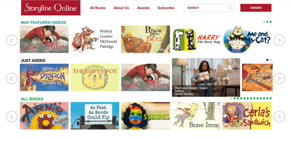 Storyline Online 網站截圖展示了兒童書籍影片和標題。 特色包括“蓮花與羽毛”、“髒狗哈利”等。