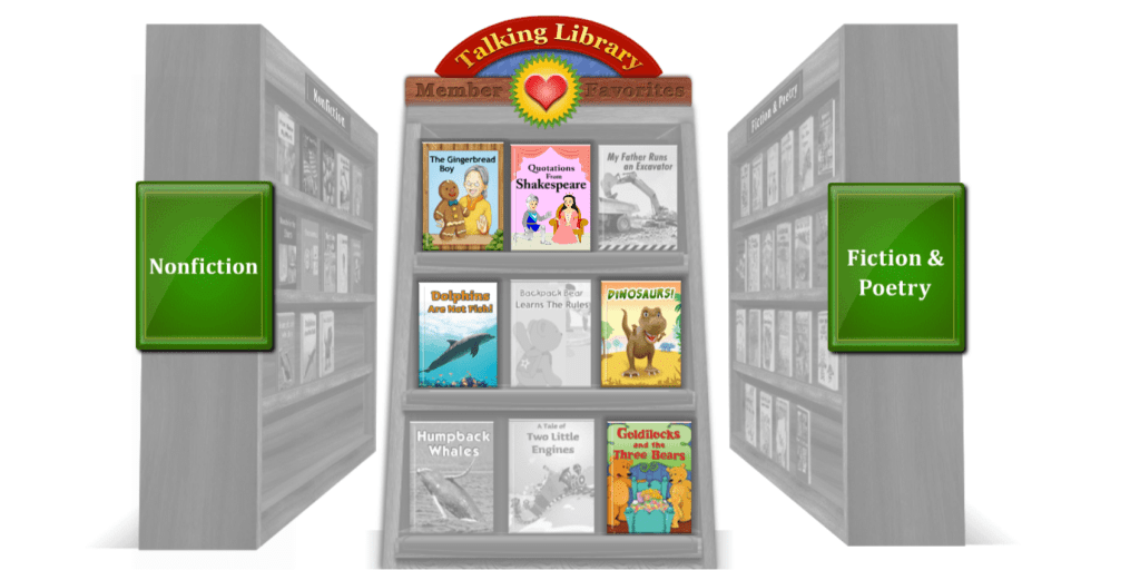 圖書館書架上陳列兒童插圖書籍。 可見「Talking Library Favorites」標誌。