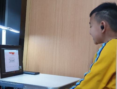 男孩在筆記型電腦上上網課時微笑。 艾倫的線上學習經驗。