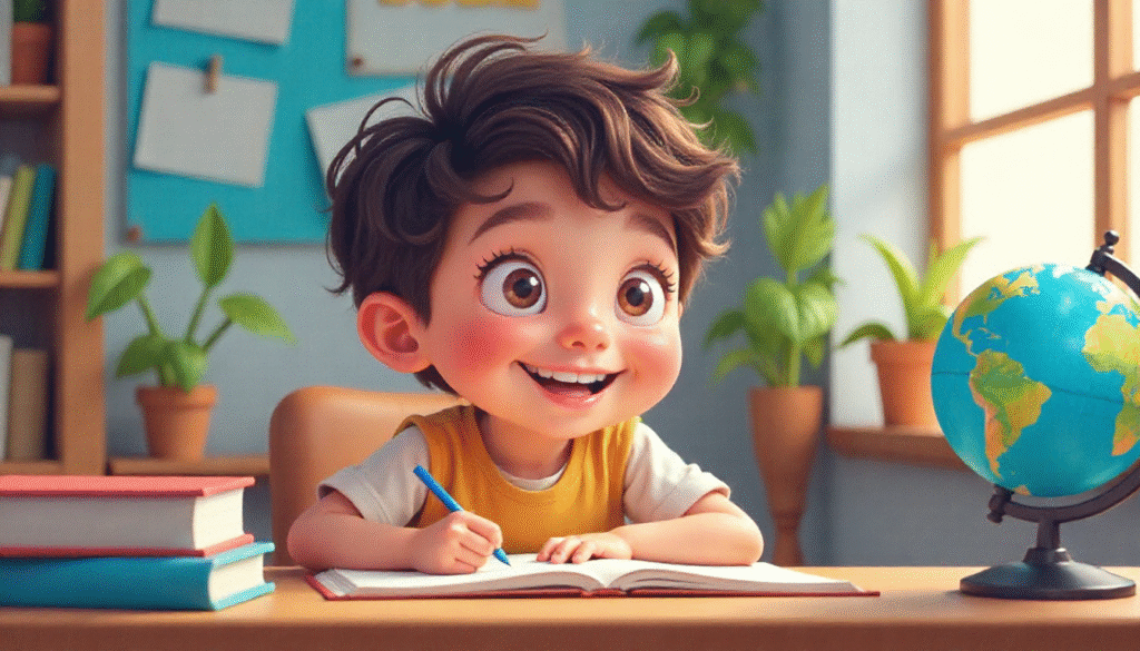 快樂的男孩在筆記本上寫作，準備英語考試。