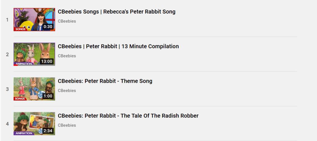 YouTube 縮圖：CBeebies 彼得兔影片。 透過兒童影片學習英語。