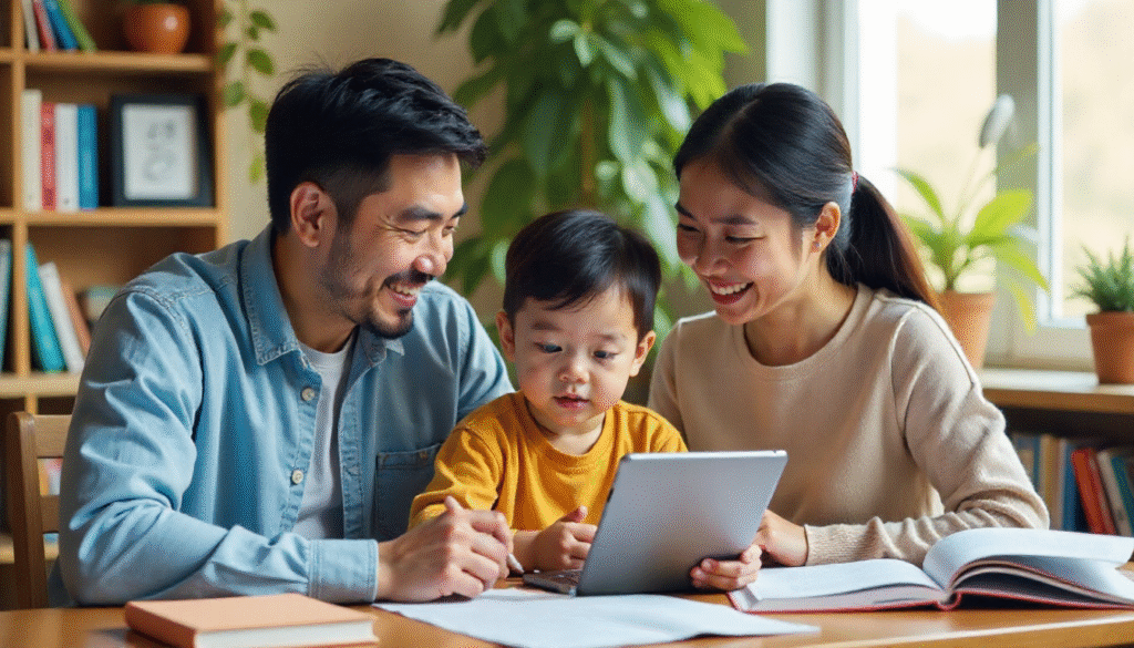 幸福的家庭使用平板電腦為孩子準備英語檢定。