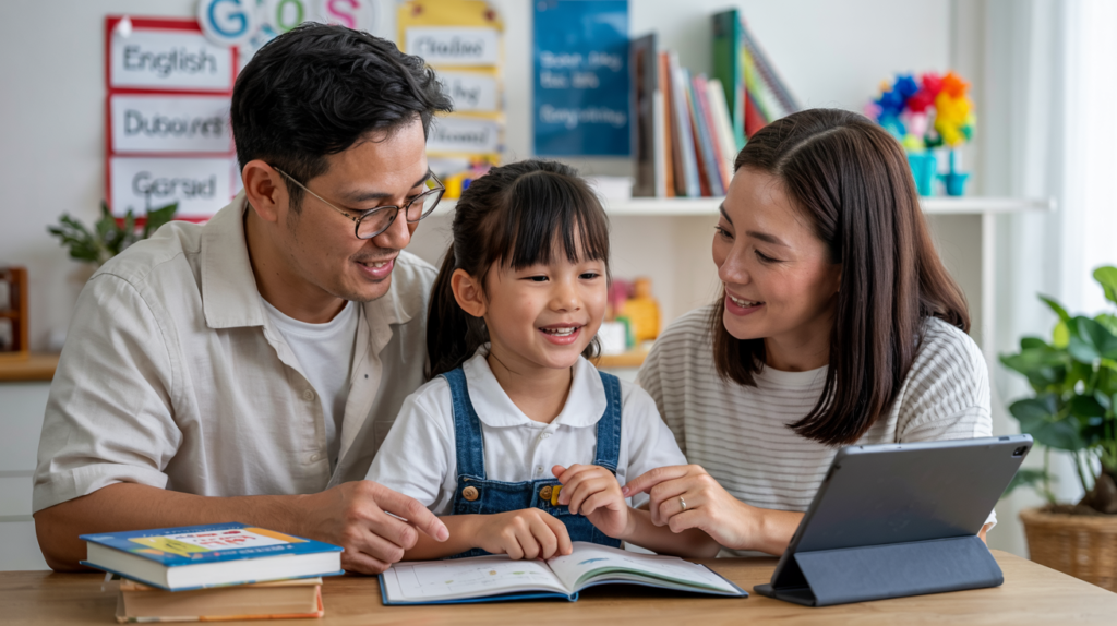 幸福的家庭利用平板電腦和書籍幫助孩子學習英語。