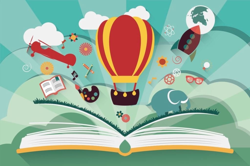 打開書，裡面有熱氣球、飛機和其他有趣的插圖。用繪本學習英語！