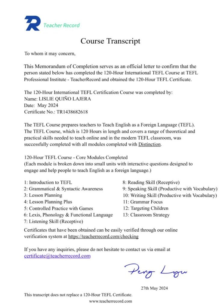 教師記錄發給學生的 TEFL 課程成績單