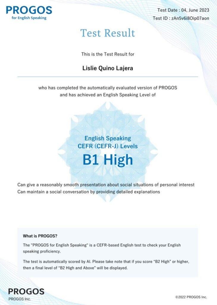 Lislie Quino Lajera 的英語口語測驗結果為 B1 高級