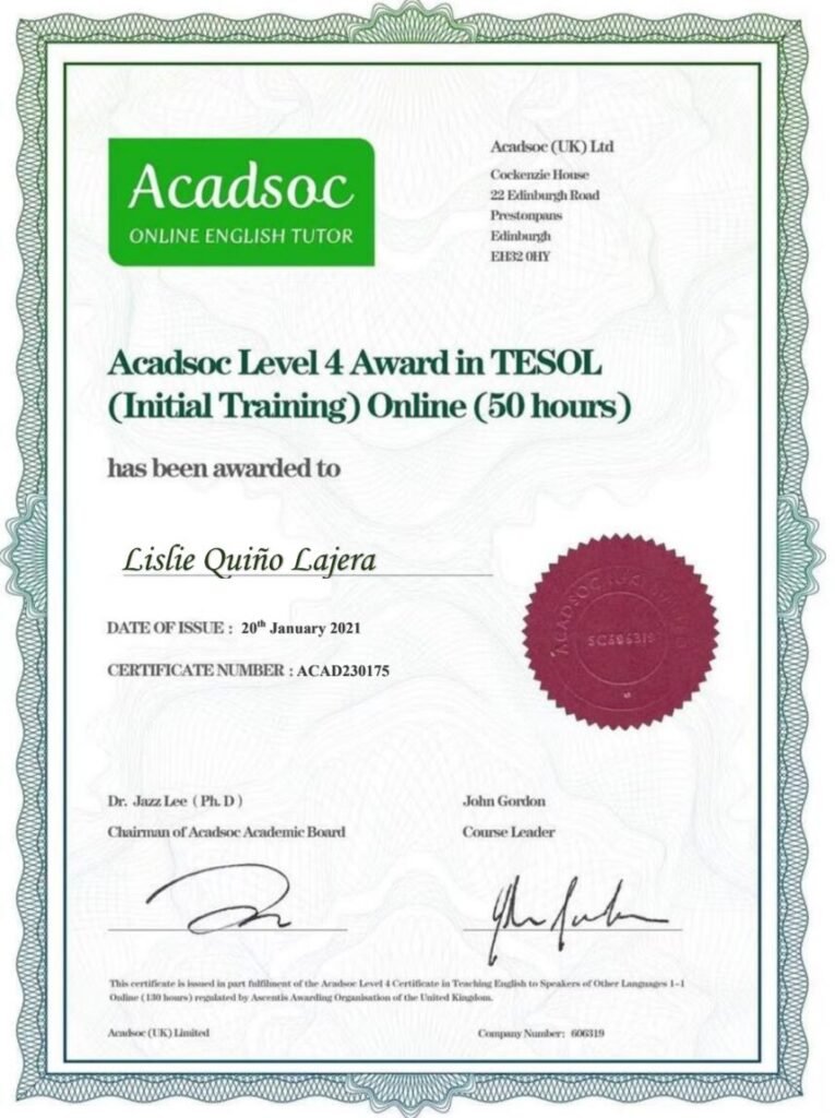 TESOL 認證於 2021 年 1 月 26 日由 Acadsoc 頒發給個人