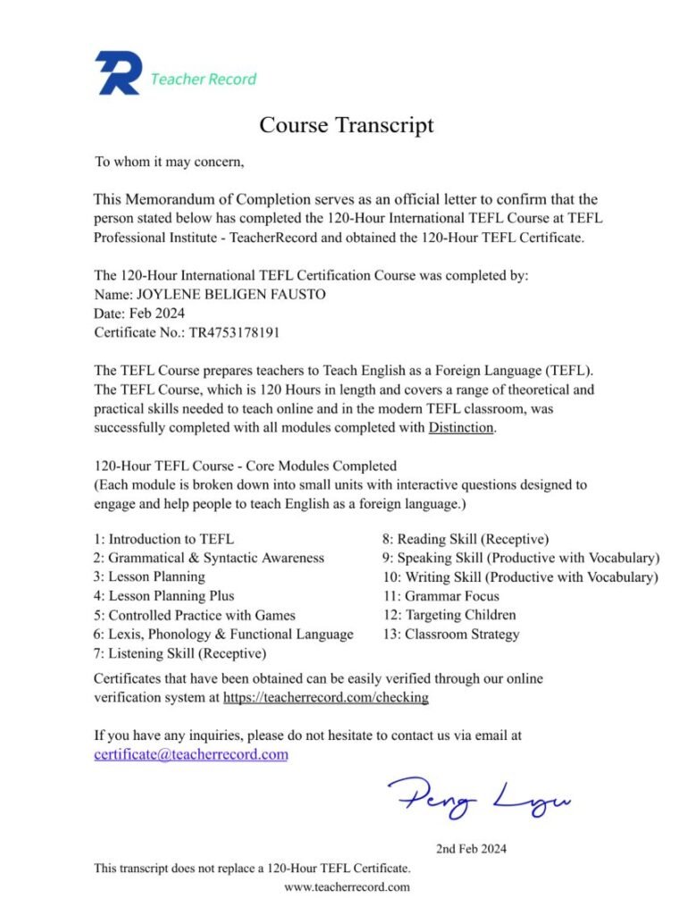 Joylene 完成 120 小時 TEFL 課程的證書。