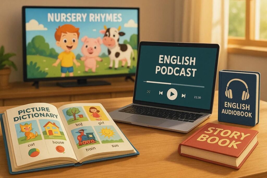 筆記型電腦、書籍和電視螢幕顯示兒童英語學習資源。可以看到“英語播客”和“英語有聲讀物”。
