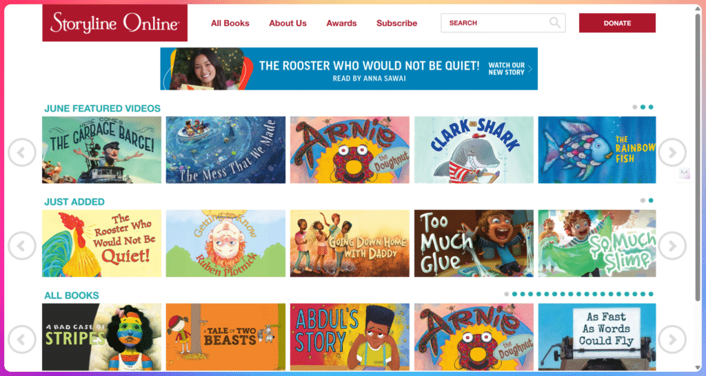 Storyline Online 的截圖，主打兒童書籍和影片。為孩子提供免費的英語學習資源。