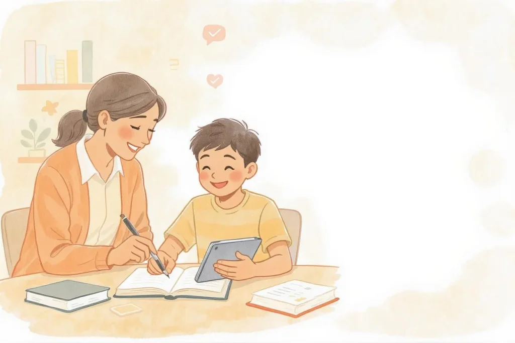 母親使用平板電腦和筆記本幫助兒子做作業。