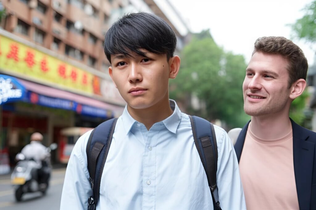 兩名男子，一名亞洲人，一名白種人，在城市街道上邊走邊聊。