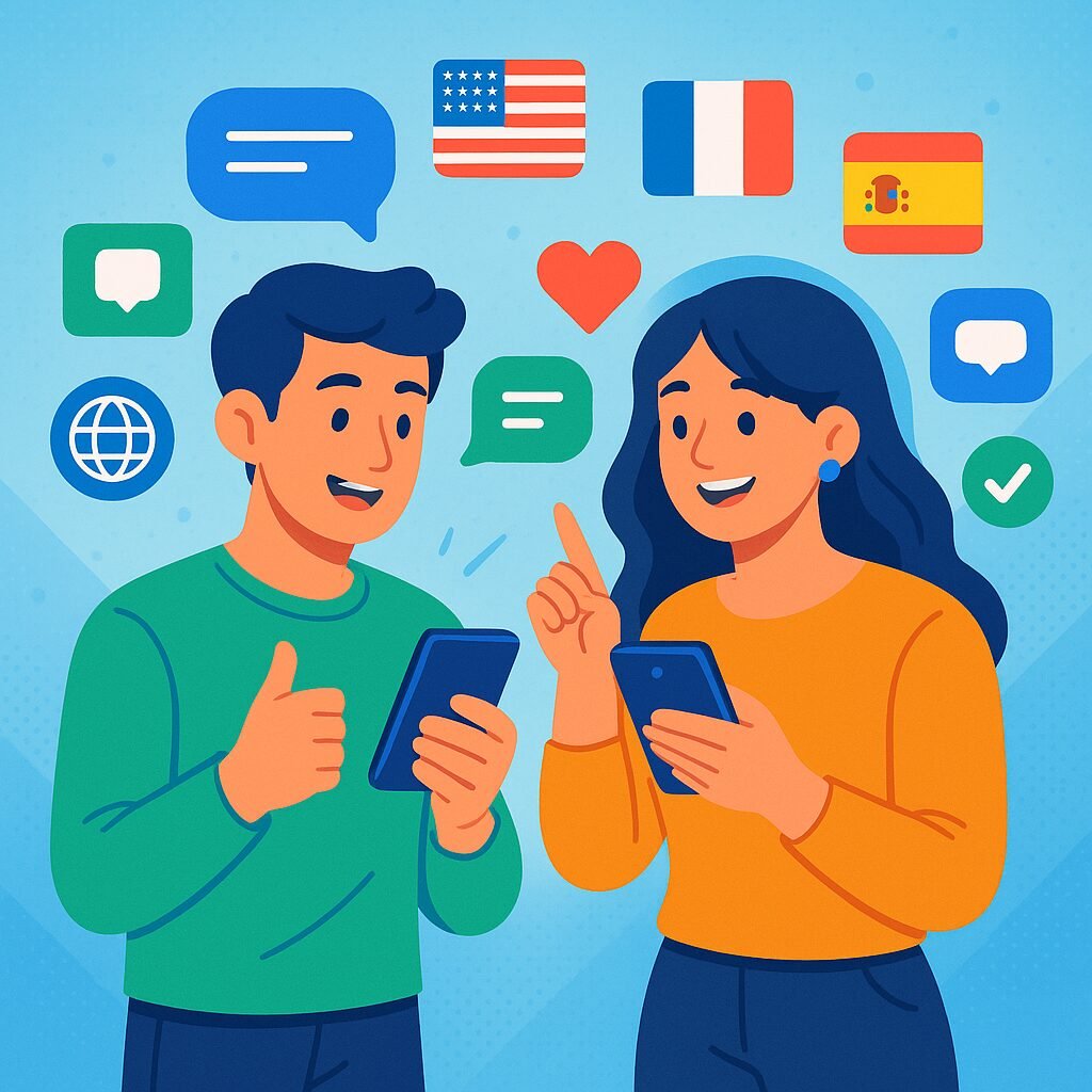 兩個人用智慧型手機練習英語會話。手機上展示了美國、法國和西班牙的國旗，象徵語言學習。