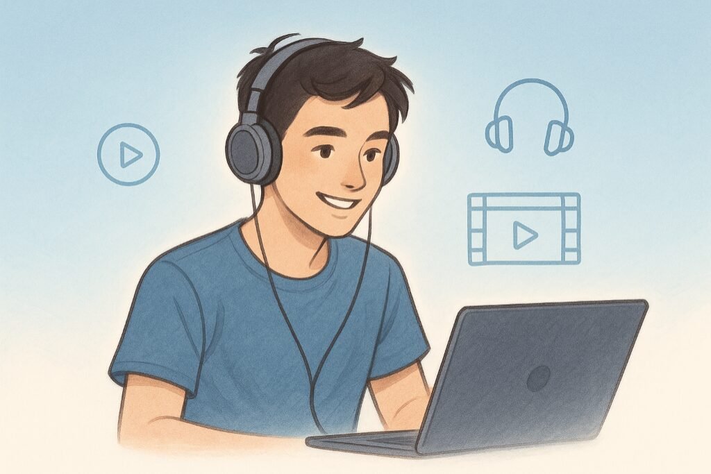 年輕人戴著耳機，使用筆記型電腦進行線上英語口語練習。