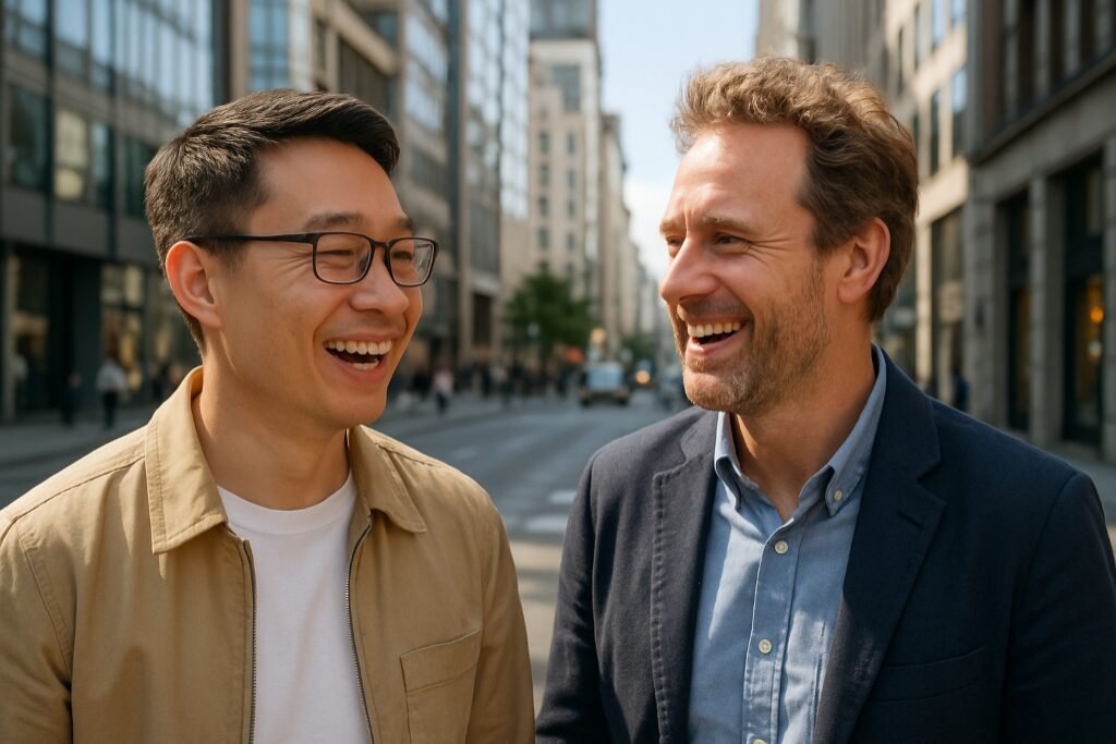 兩個男人在城市街道上談笑風生。提升英語會話技能。