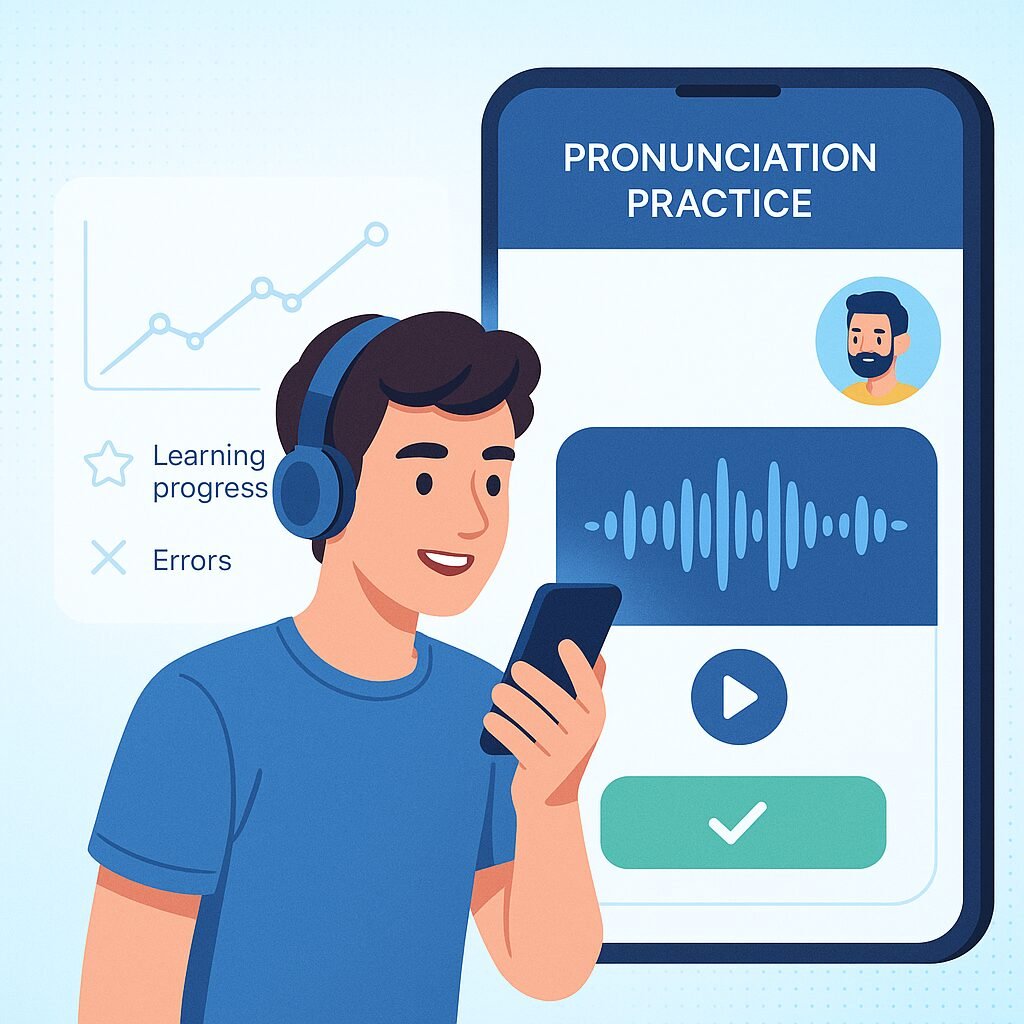男子在智慧型手機上使用發音練習應用程序，顯示學習進度和錯誤追蹤。