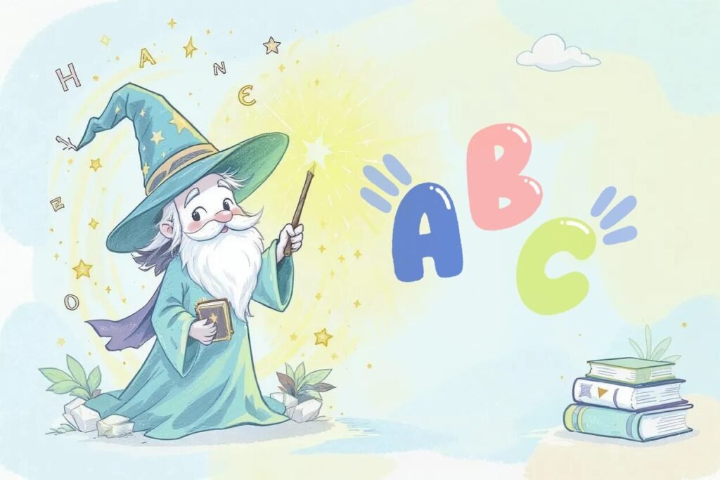 友善的巫師正在施展咒語,字母也隨之出現。背景是書籍。