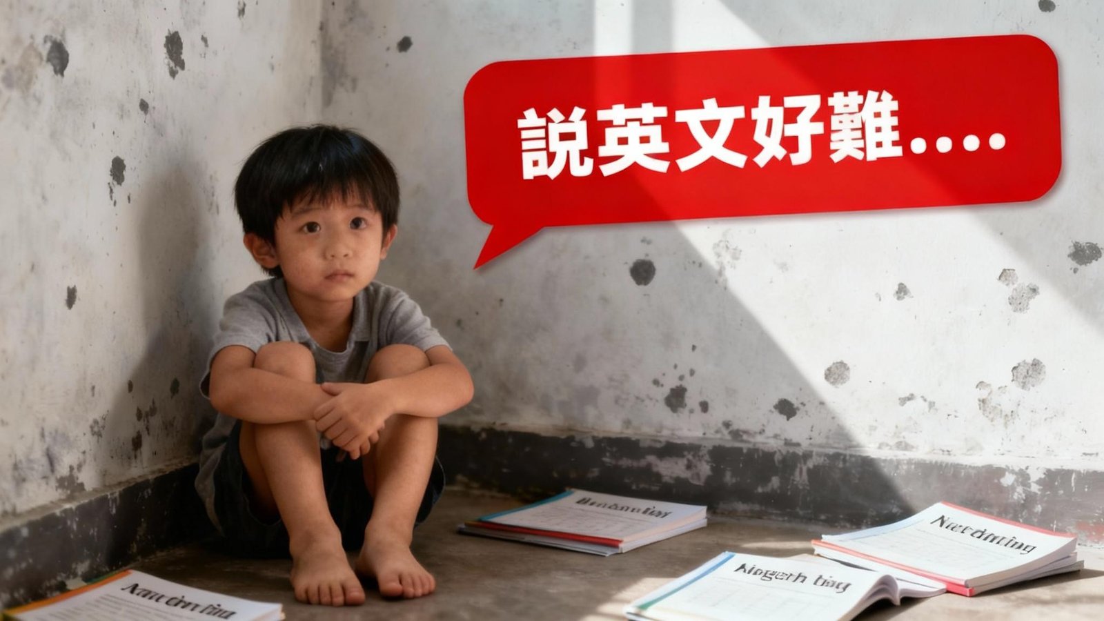 學童坐在地上，課本散落一地，紅框內文字顯示「說英文好難…」，點出不敢說英文的困境。