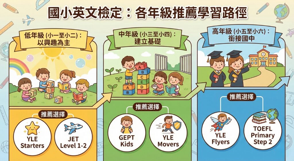 國小英文檢定學習路徑圖：低、中、高年級推薦 YLE Starters, JET, GEPT Kids, YLE Movers, YLE Flyers, TOEFL Primary