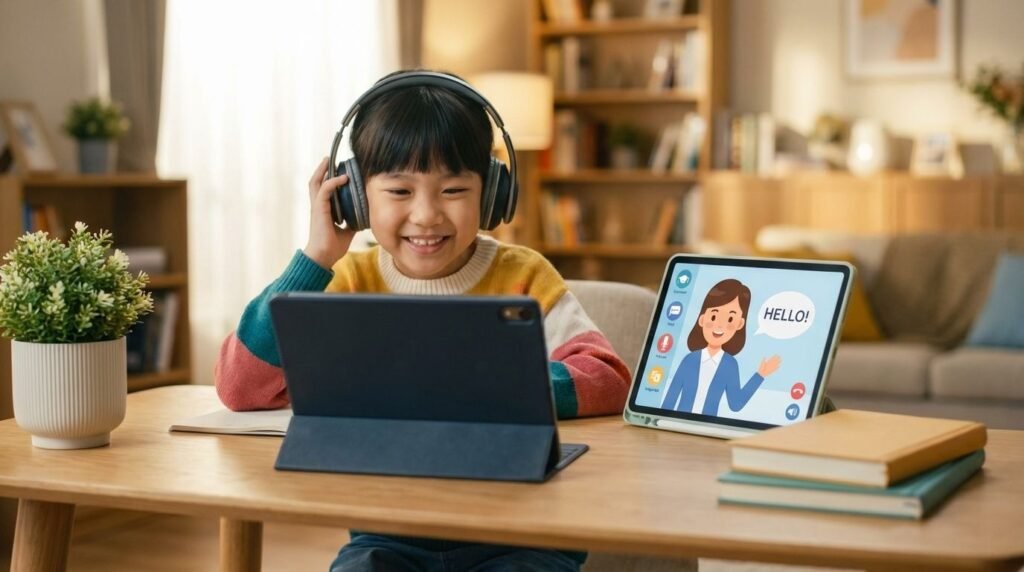 兒童線上英語課程中，菲律賓外師使用互動式教學引導孩子開口。