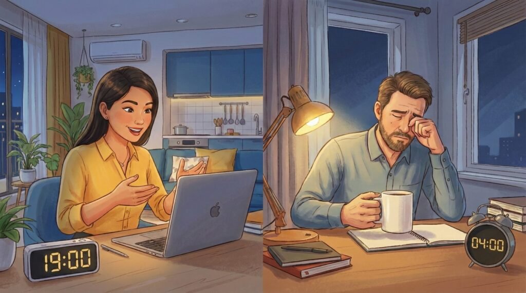 線上視訊，菲律賓外師晚上授課，學生凌晨疲憊學習。