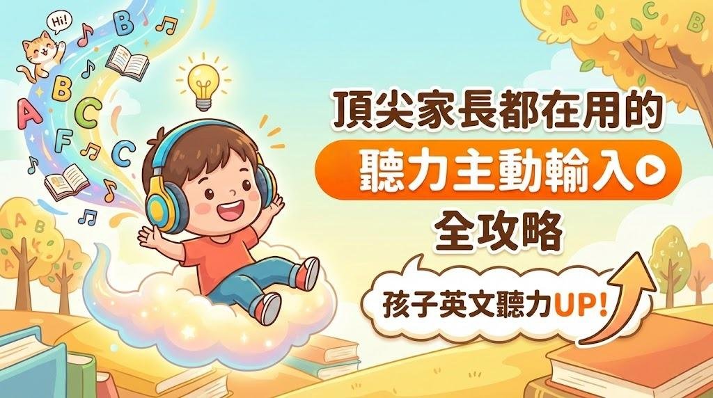 頂尖家長都在用的「聽力主動輸入」全攻略，卡通風格圖像，孩子戴耳機聽英文，提升英文聽力。
