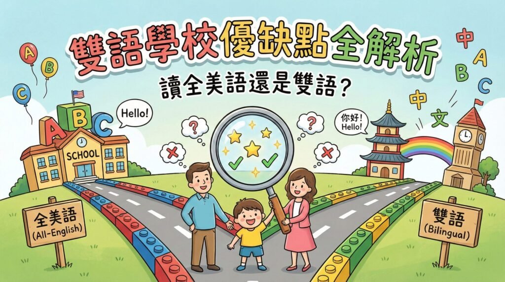 雙語學校優缺點圖解：家長與孩子站在全美語和雙語分岔路口，思考擇校方向。