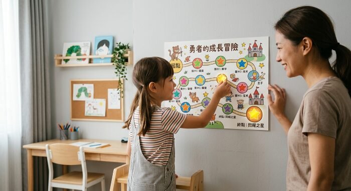 媽媽和女兒在玩勇者的成長冒險遊戲,牆上貼著遊戲地圖。