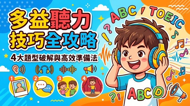 多益聽力技巧全攻略插畫，包含男孩戴耳機、ABC圖示與題型預覽