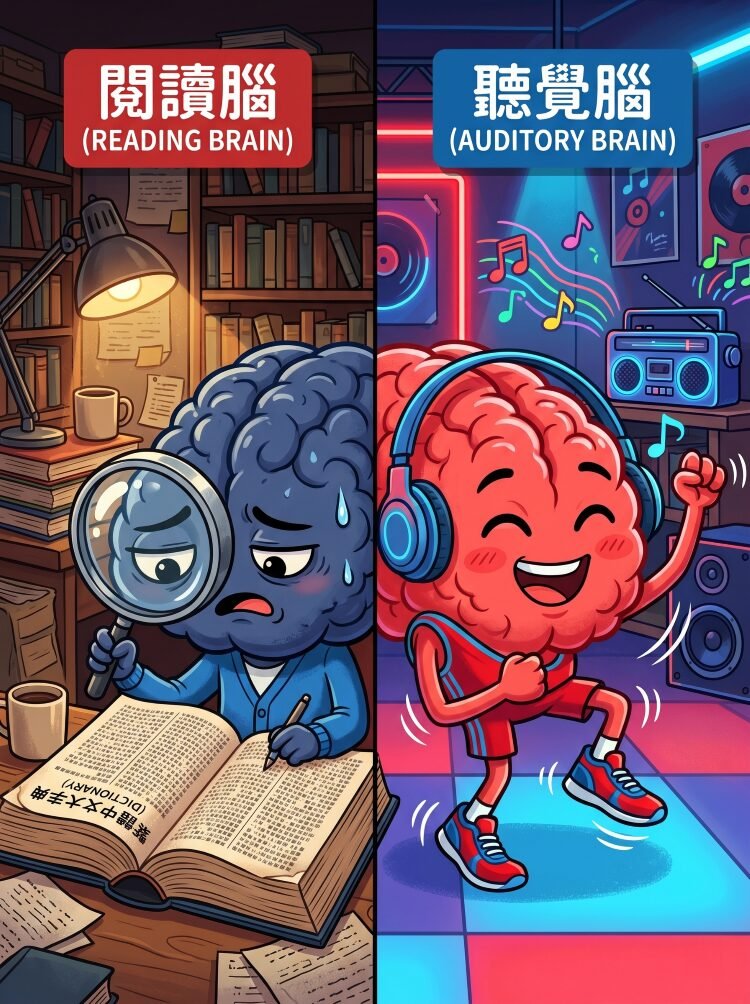 閱讀與聽覺大腦的對比插圖